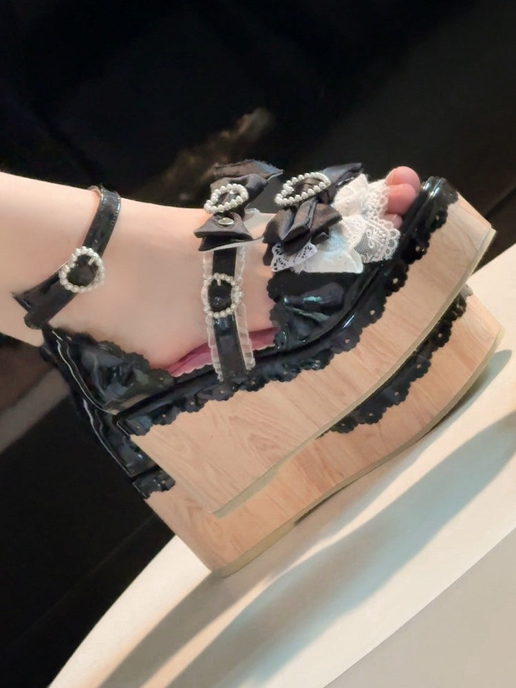 Beaded - Sandals Black Platform Showa-style Buckles Wedge Heart