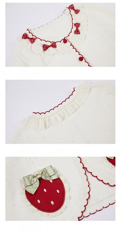 White Long Sleeves Strawberry Applique Cardiagn