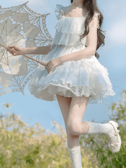 Brooch Sweet White with Tiered Lace Trim Flutter Sleeves Dress
