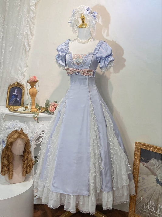 Robe Empire Lolita élégante bleue à taille cintrée et col carré à fleurs