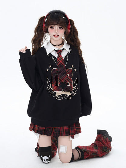 Black Preppy Faux Two-pieces Loose Sweatshirt with Red Plaid Tie