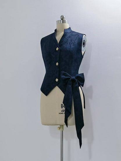 Blue Fashion Ouji Collar Jacquard Waistcoat Prince Style Banded
