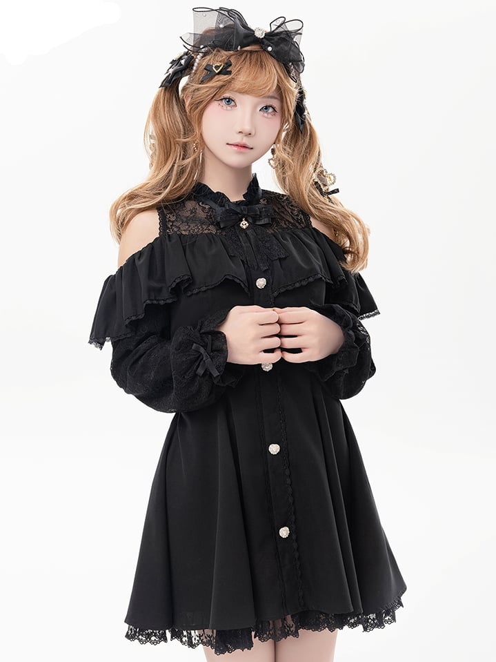 Black Illusion Neckline Cutout Shoulder Jirai Kei Long Sleeves Dress with Bow Tie