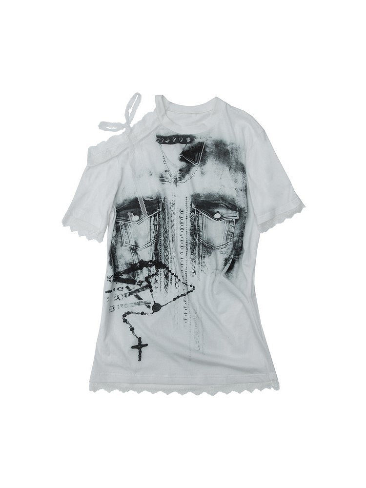 Lace-Trimmed Shoulder with Print Black Denim Lace-Up T-shirt Punk Detail White