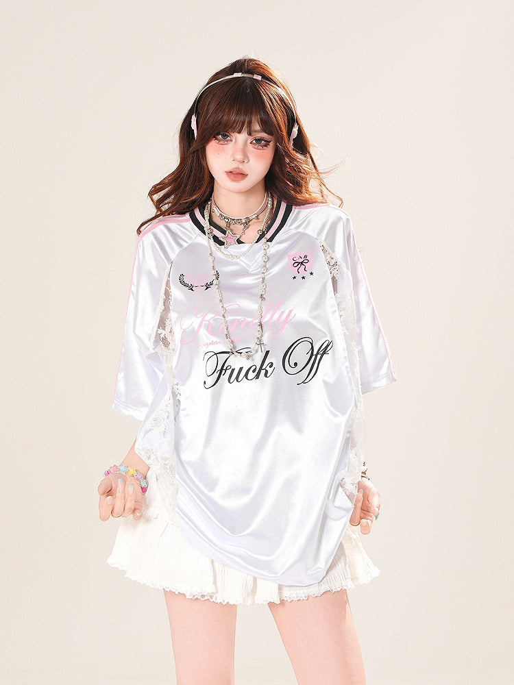 V-Neck T-Shirt Contrast Lace Patches Blokette Core Pink