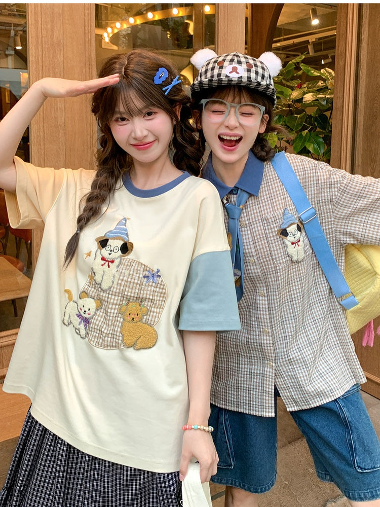 Colorblock Design Puppy Embroidery T-Shirt Orange Blue