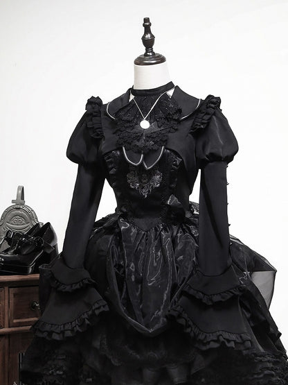 Black Juliette Sleeves Flounce Cuffs Cropped Top