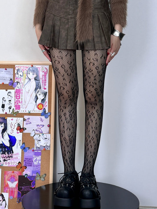 Pattern Tights Black Leopard Y2K