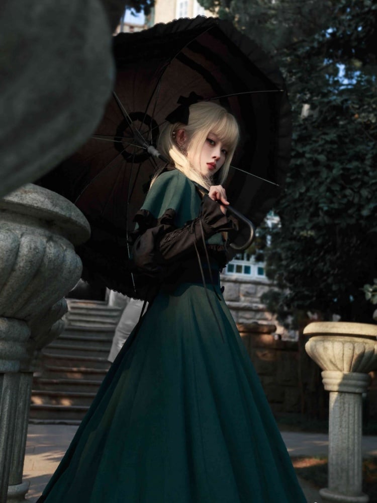 Dark Academia Green and Black Leg-of-Mutton Sleeves Lolita Dress