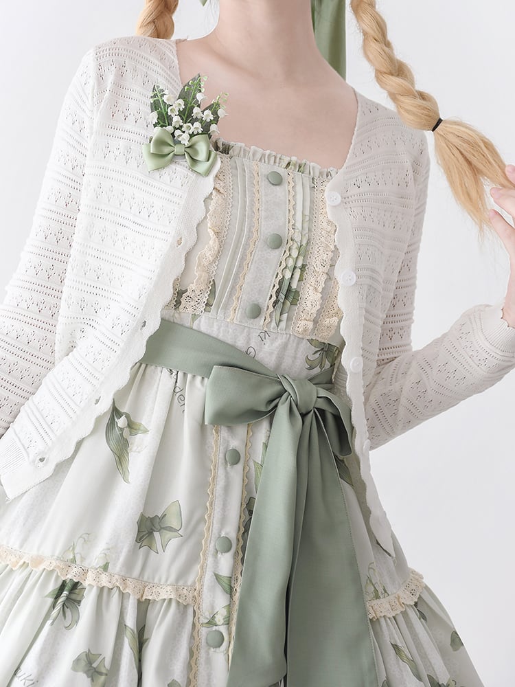 Robe d'été fleurie vert clair à imprimé muguet, jupe pull Kei Lolita naturelle