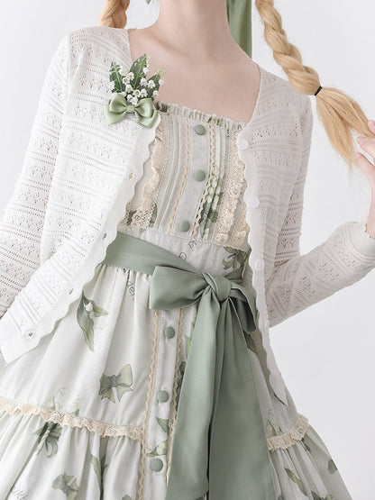 Robe d'été fleurie vert clair à imprimé muguet, jupe pull Kei Lolita naturelle