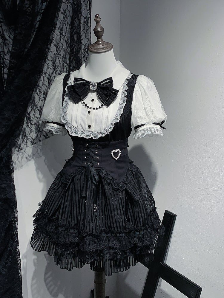 Belt Corset Stripes Skirt Waist Puffy Dress Layered Black Jirai Kei White and Lace-up with Three High