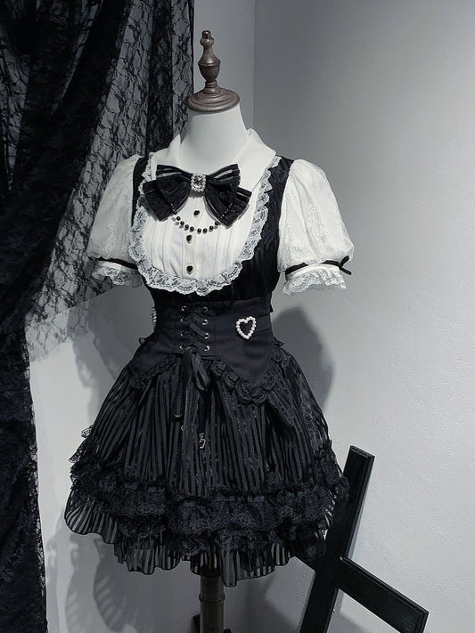 Belt Corset Stripes Skirt Waist Puffy Dress Layered Black Jirai Kei White and Lace-up with Three High