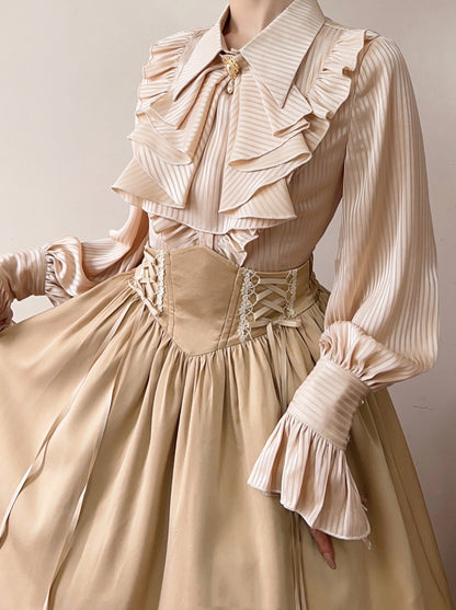 Beige Jabot Pointed Flat Collar Striped Fabric Long Sleeves Shirt