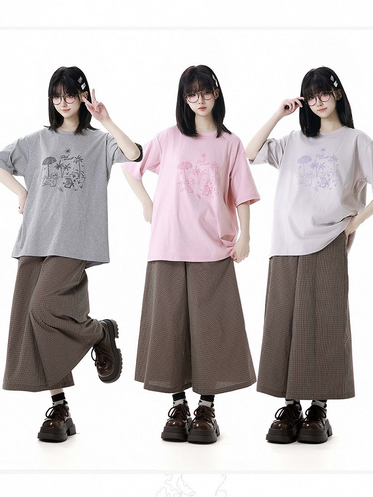 Loose Graffiti T-Shirt Puppy Round Neck Gray/Pink/Light Purple
