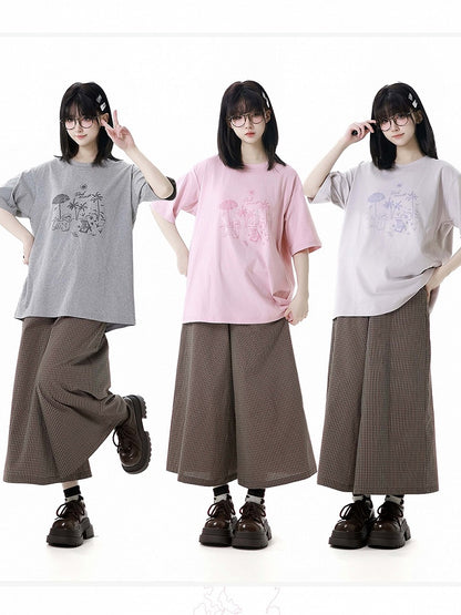 Loose Graffiti T-Shirt Puppy Round Neck Gray/Pink/Light Purple