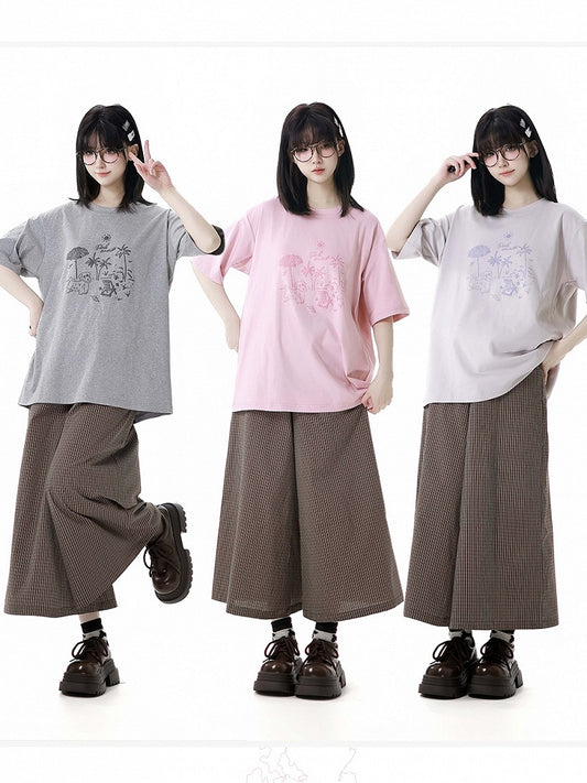 Loose Graffiti T-Shirt Puppy Round Neck Gray/Pink/Light Purple