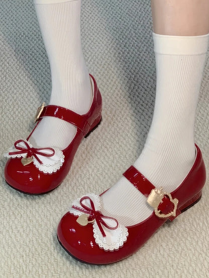 Janes Mary Täglich Bequeme Mehrschichtige Schuhe mit Niedrigem Absatz und süßen roten Schleifen Lolita -