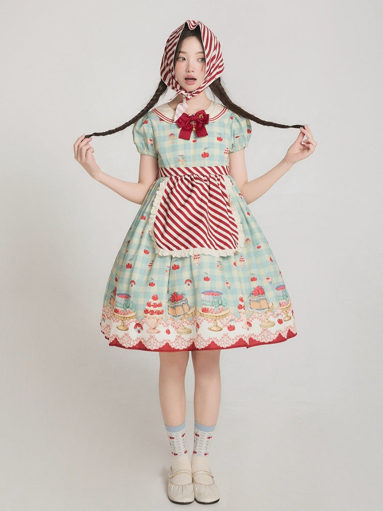 Robe Sweet Lolita vichy taille haute vert menthe à imprimé cerises et desserts