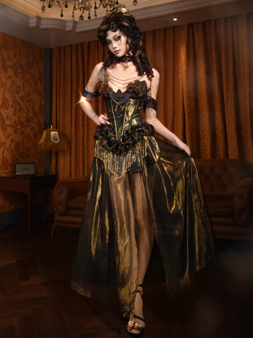 Black and Gold Tassels Boned Corset Top and Gold Chiffon Skirt