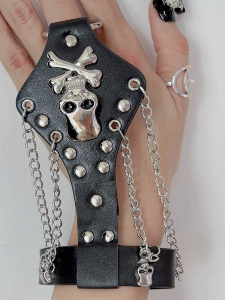 Gothic Skull Black Punk Rock Ring Bracelet with Chains