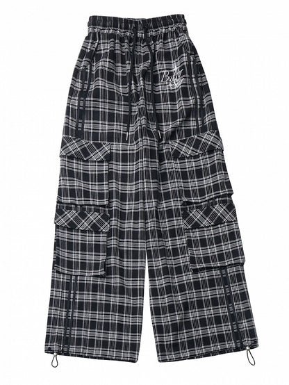 Black and Grey Letters Cargo Pockets Design Plaid Pants