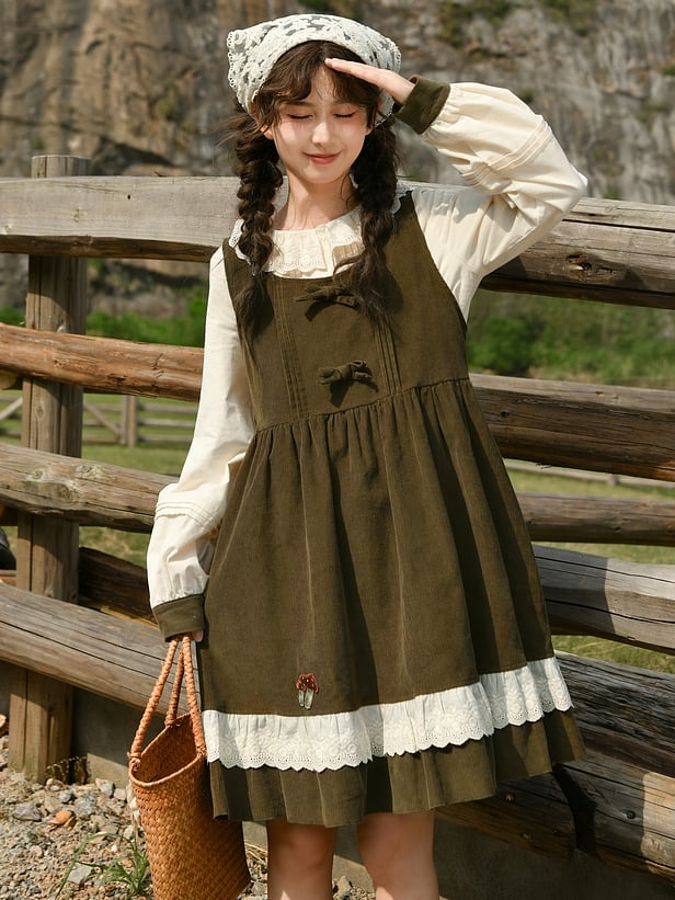 Green Mori Kei Bowknot Details Corduroy Overall Dress