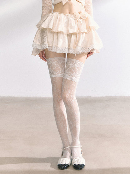 Skirt Black/Apricot Elastic Waist Lace Trim Floral Tiered Mini