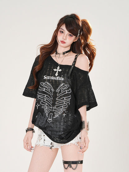 Herz Druck Löcher Asymmetrischer Ausschnitt Distressed