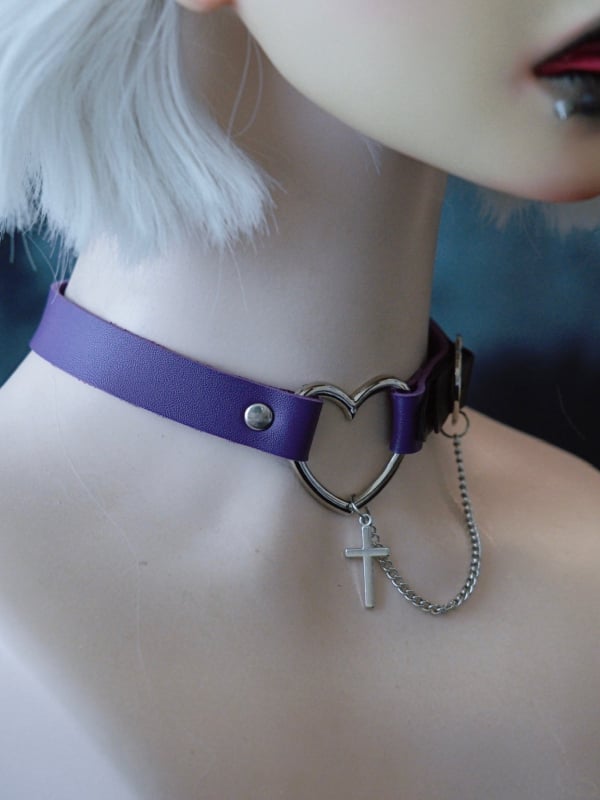 Kette Lila Und Gothic Choker Anhänger Herz Kreuz