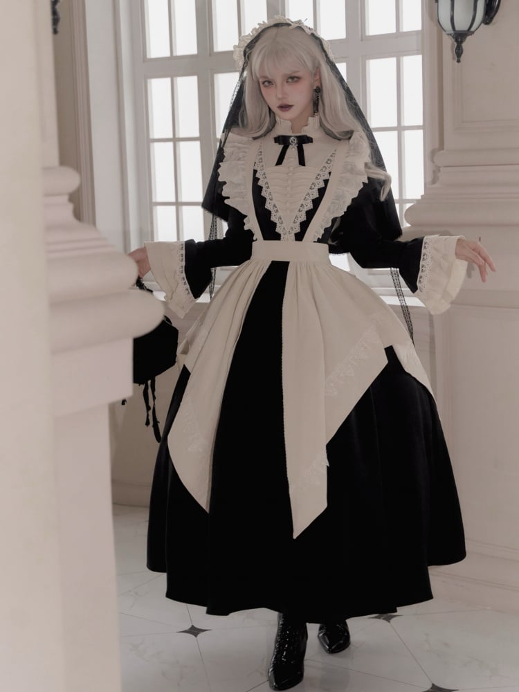 Elegant Black and Beige Ruffle Banded Collar Gothic Nun Lolita Dress