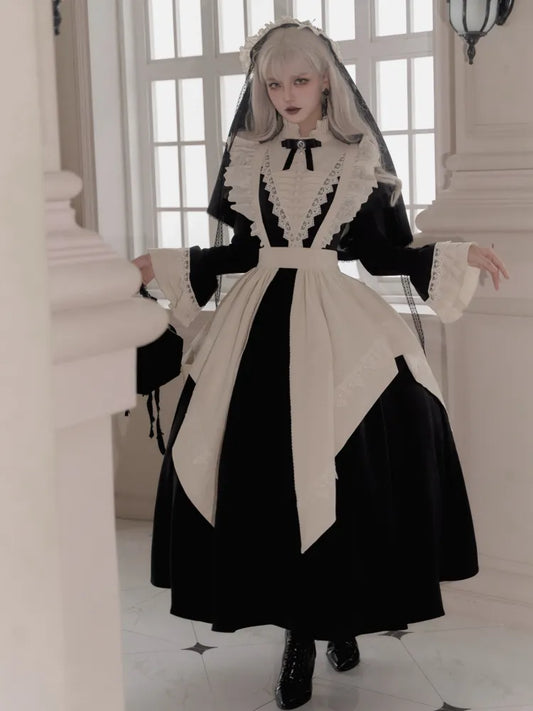 Robe Lolita gothique nonne noire et beige élégante à volants et col à bandes, version longue