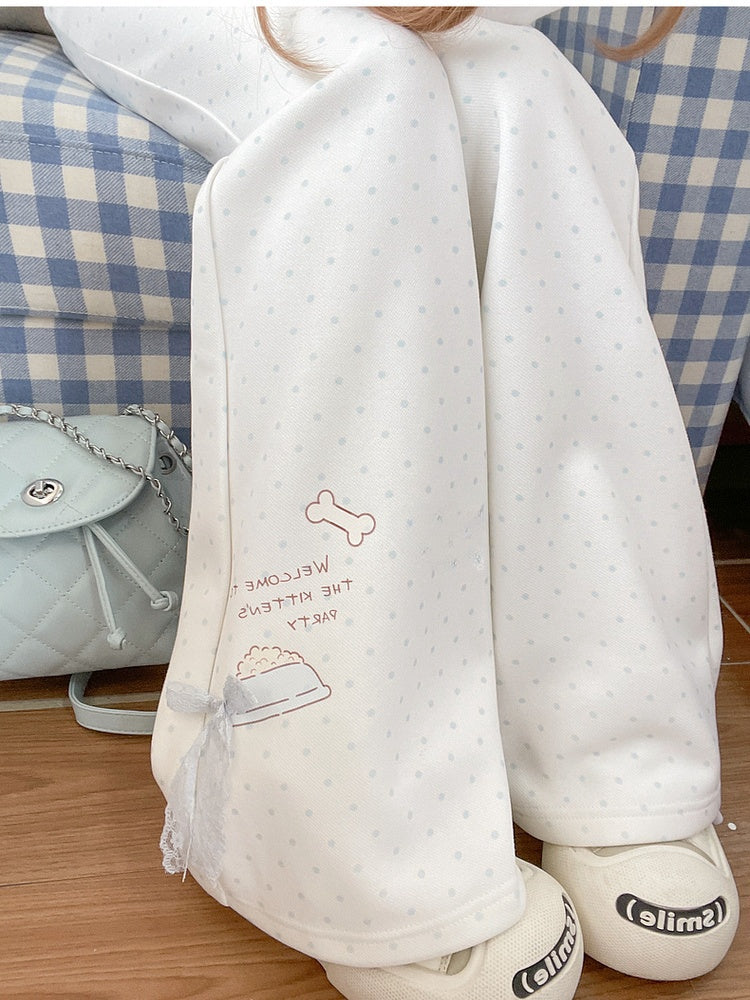 White Blue Flared Pants Version Regular/Long Polka-Dot Lace Bow Adorable Kitten Print