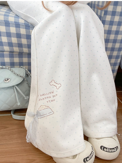 White Blue Flared Pants Version Regular/Long Polka-Dot Lace Bow Adorable Kitten Print