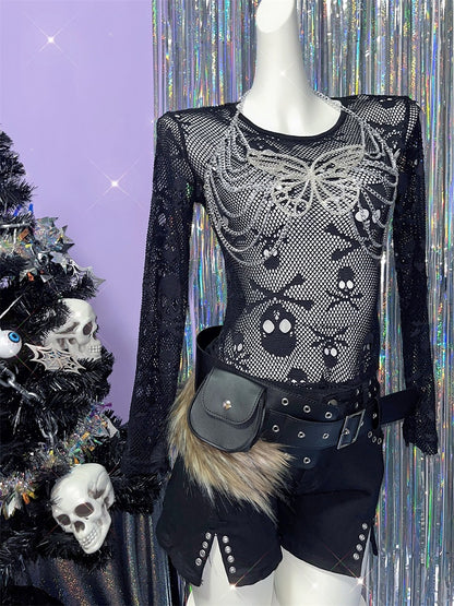 Black Faux Fur Trim Buckle Belt+ Snap Waist Bag