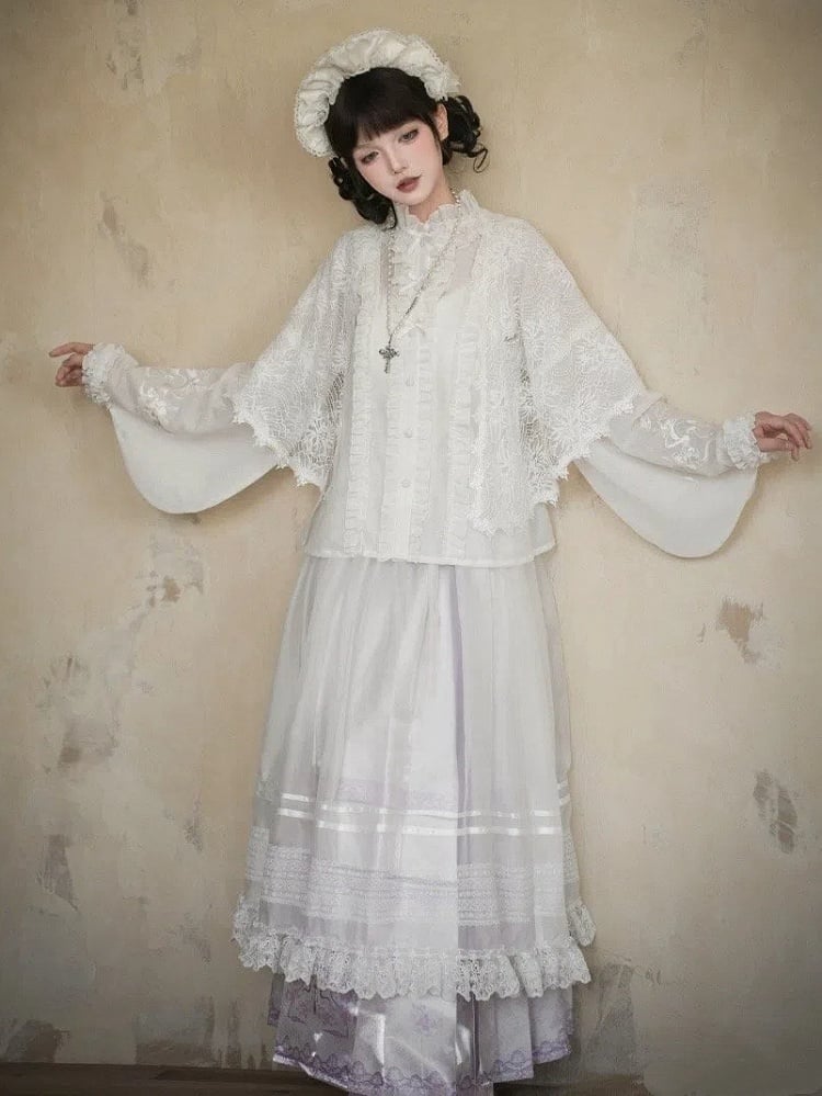 Long Skirt Floral Sleeves Purple + Lolita Print Han Horse-face and Light Blouse White Set Full Snake