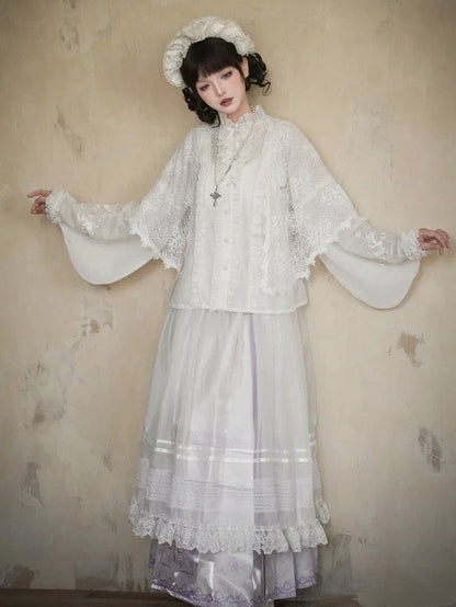 Long Skirt Floral Sleeves Purple + Lolita Print Han Horse-face and Light Blouse White Set Full Snake