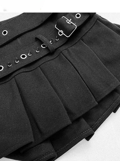 Black Buckle Belt with Stud Details Pleated Skirt with Tights