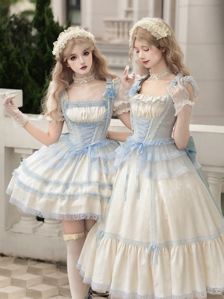 Blue Lolita Beige Full Slim Waist Set Versatile Light Neckline JSK Fit and