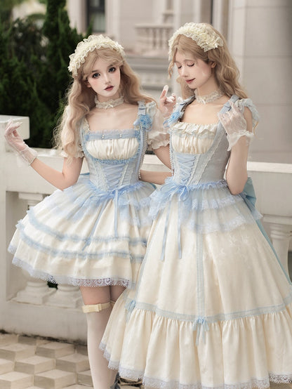 Blue Lolita Beige Full Slim Waist Set Versatile Light Neckline JSK Fit and