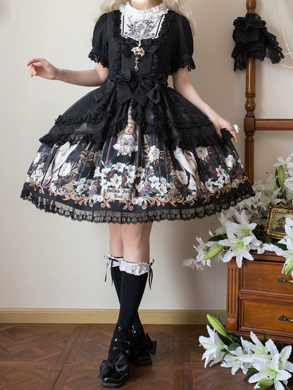 Robe noire à manches courtes style gothique lolita à imprimé poupée Lily et Puppet