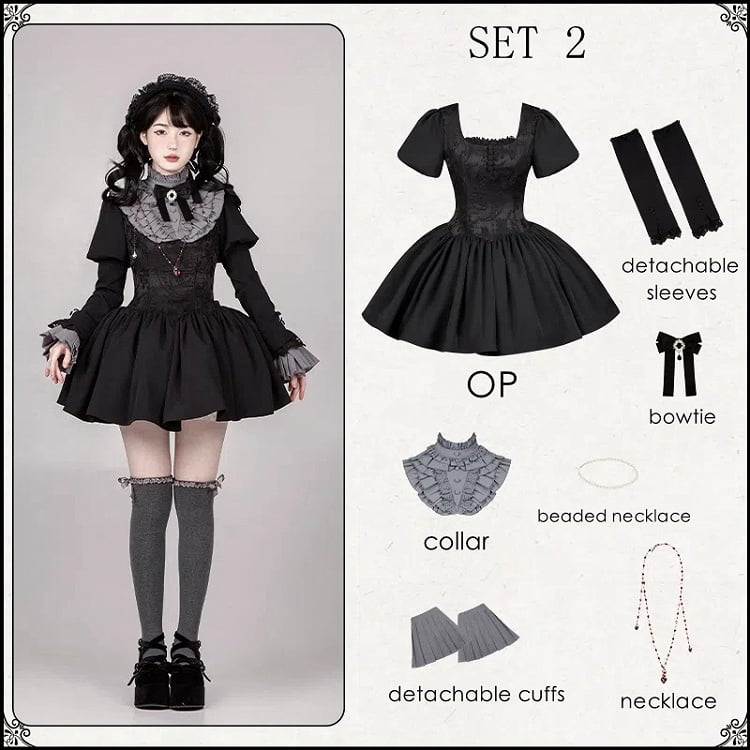 Robe noire courte à taille baleinée et décolleté carré, ensemble complet élégant Lolita