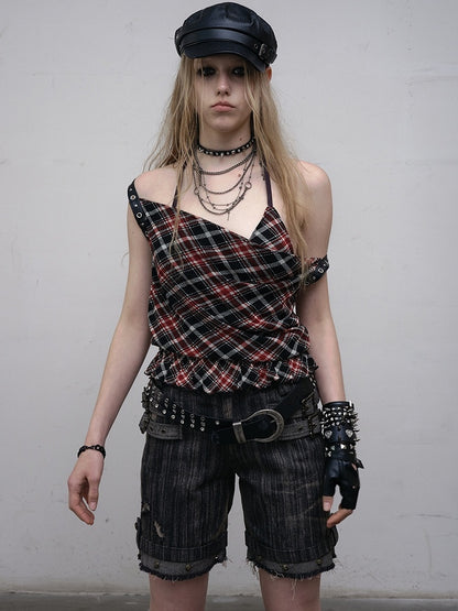 Black Details Shorts Wash Punk Wasteland Decorated Buckle Faded Studs