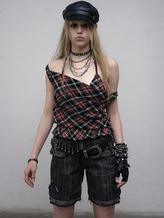 Black Details Shorts Wash Punk Wasteland Decorated Buckle Faded Studs