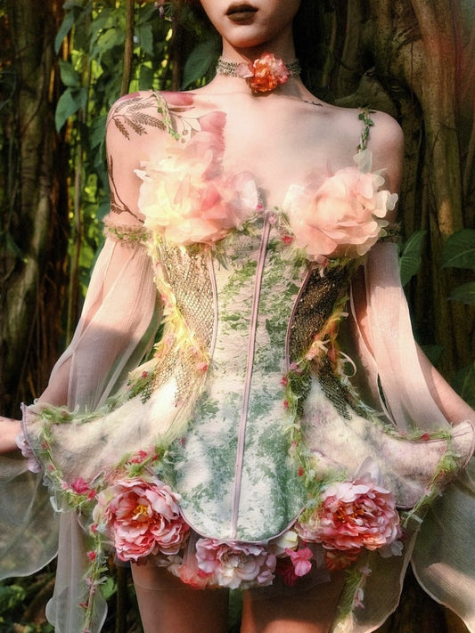 Pink and Green Floral Design Fairy Goth Vine Spaghetti Straps Boned Corset Top