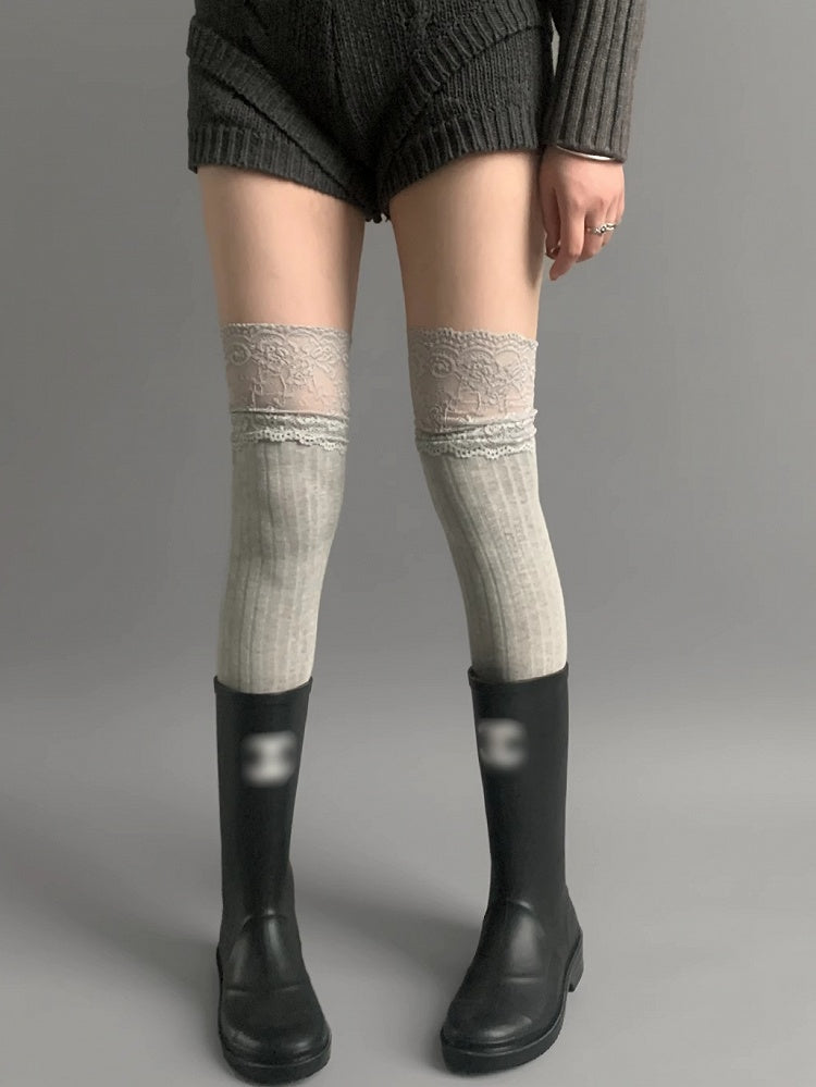 Lace Gray/Beige/Light Gray White/Black/Dark Knitted Over-knee Trim Stockings