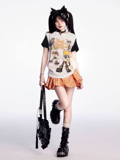 Puppy Orange Plaid Drawstring Waist Print Mini Bubble Skirt