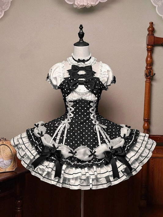 Weißer Rüschen-Bowknot-Dots-Kleid-Ausschnitt mit Lolita-Neckholder Schwarzer Polka-School-Alter-Rock