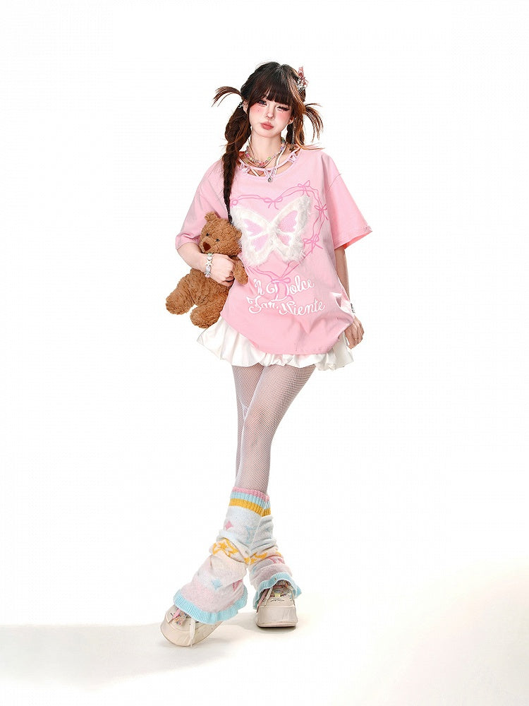 Butterfly Design Neckline Plush Butterfly Pink/Black Graphic T-shirt