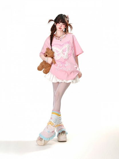 Butterfly Design Neckline Plush Butterfly Pink/Black Graphic T-shirt